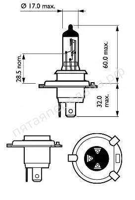Лампа накаливания, H4 12В 60/55Вт - 12342LLECOS2